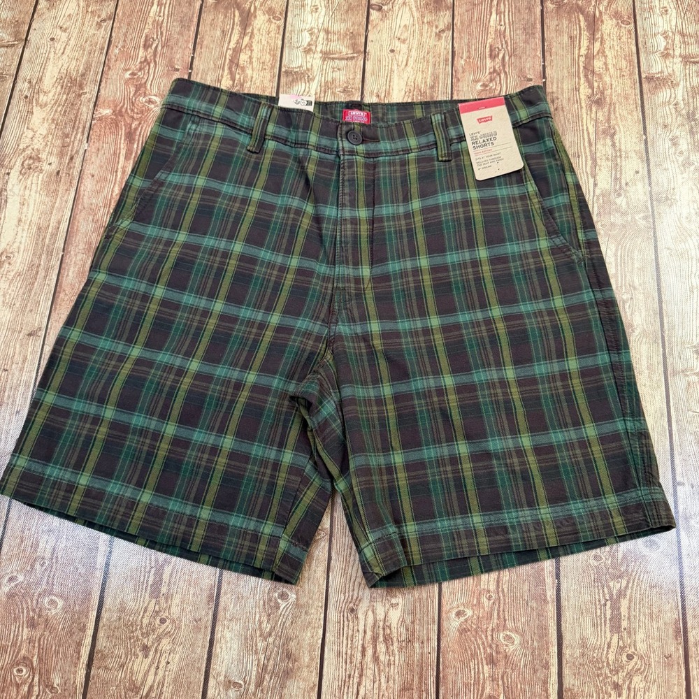 Levis XX Chino Relaxed Shorts Mens 32 Green Plaid Cotton Casual NWT